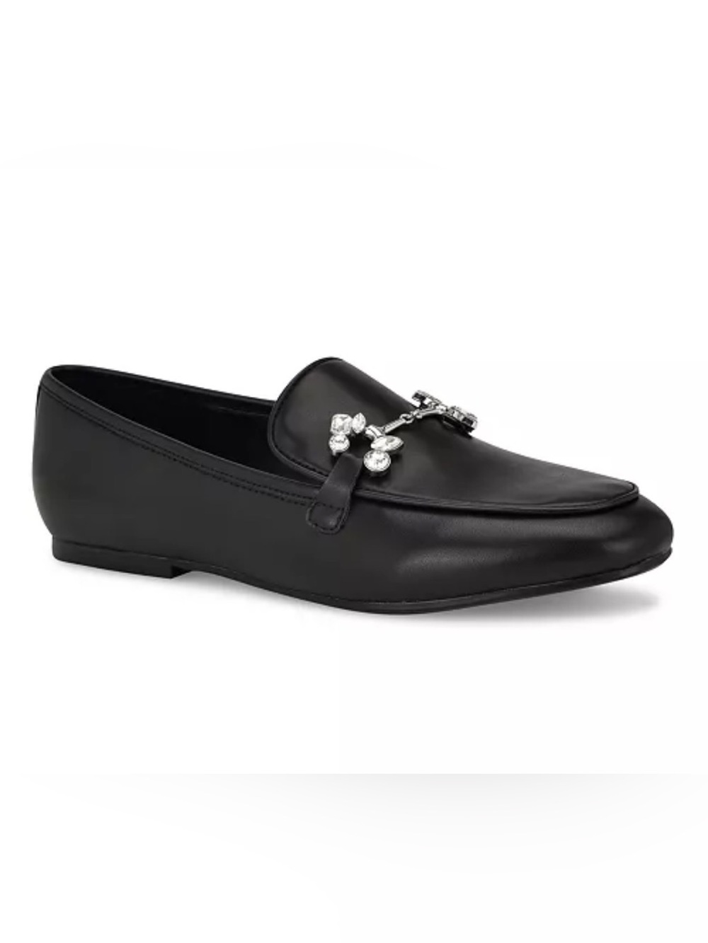 Nine West Black Leather Loafers with Rhinestone Accent
